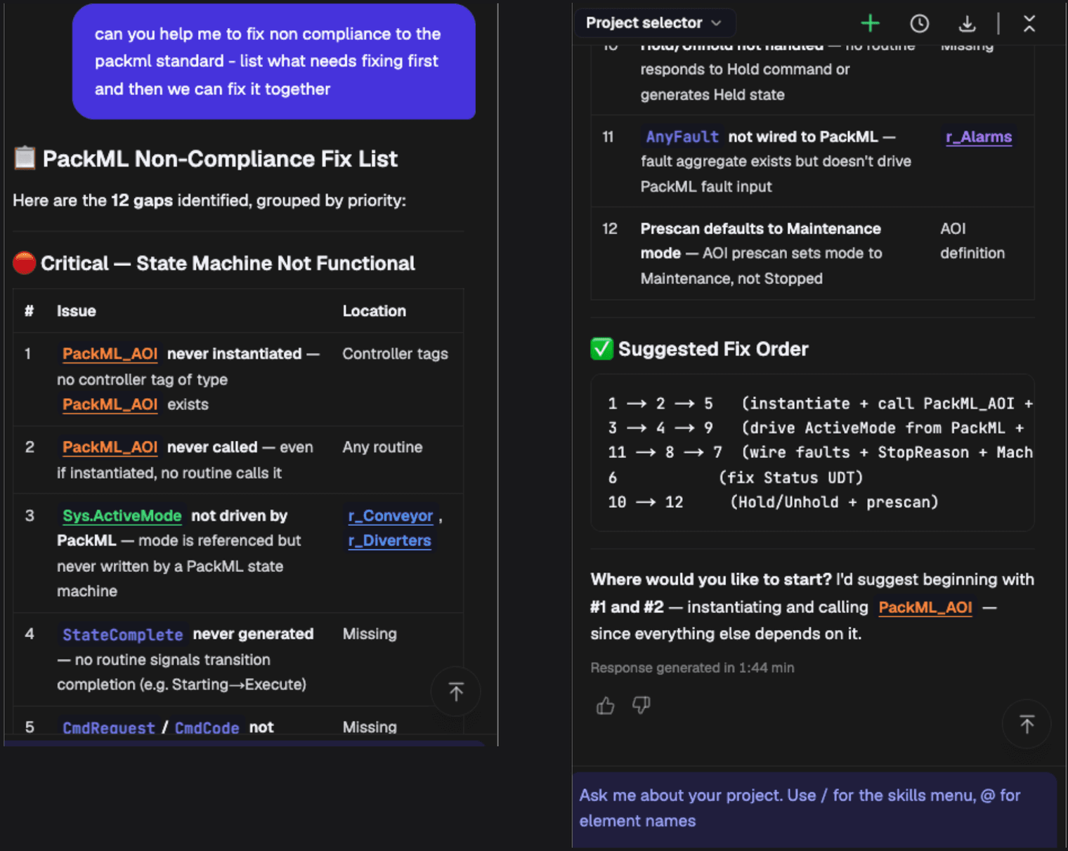 PLCs.ai chat response listing twelve PackML non-compliance gaps grouped by priority, starting with the PackML AOI never being instantiated, and a suggested fix order.