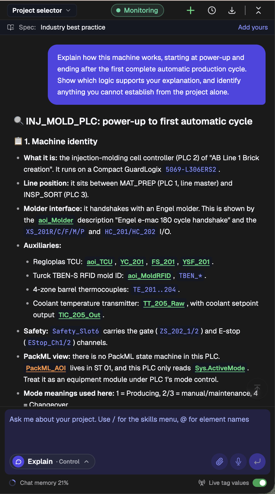 PLCs.ai chat with the power-up question and the start of the answer: machine identity for INJ_MOLD_PLC, its position between PLC 1 and PLC 3, the Engel molder interface, auxiliaries and safety channels