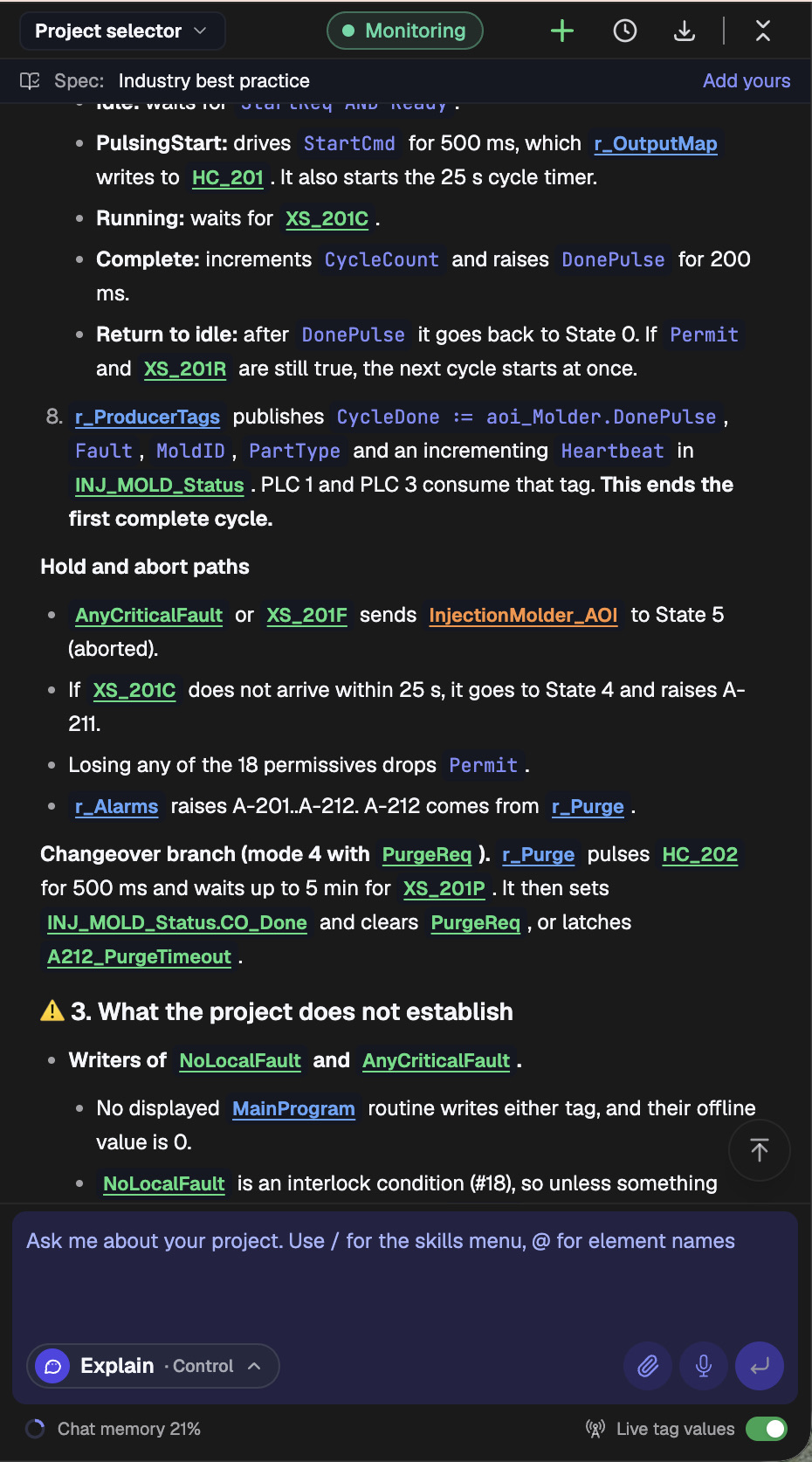 PLCs.ai answer covering the injection molder AOI states, the producer tags consumed by PLC 1 and PLC 3, hold and abort paths, and the changeover purge branch