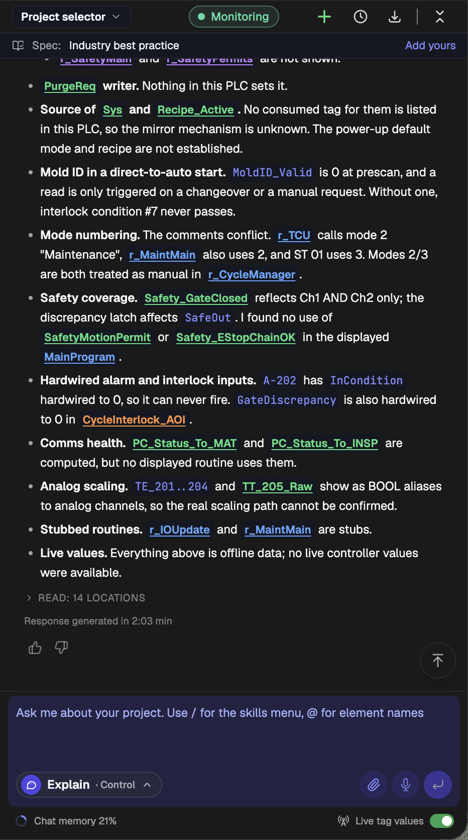 PLCs.ai answer section listing what the project does not establish: tag writers, mode numbering conflicts, safety coverage, hardwired alarm inputs, unused comms tags, analog scaling and stubbed routines, with 14 locations read