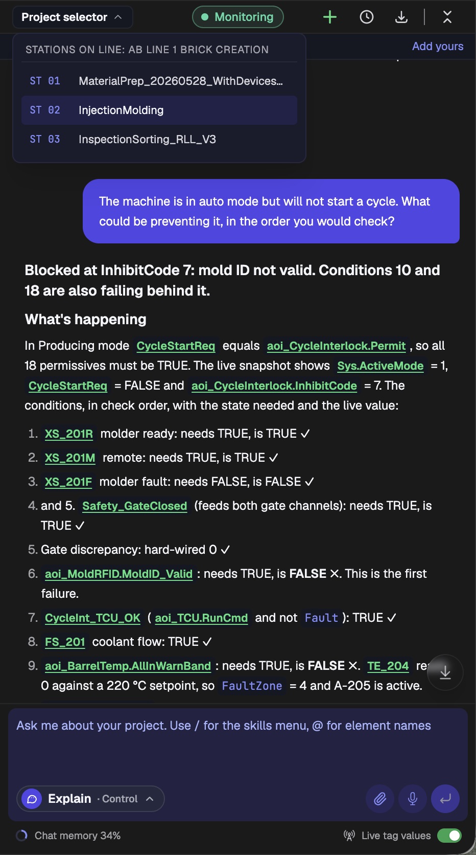 PLCs.ai project selector showing three stations on AB Line 1 Brick Creation, above the answer to why the machine will not start in auto: blocked at InhibitCode 7, mold ID not valid, with each cycle permissive in check order and its live value