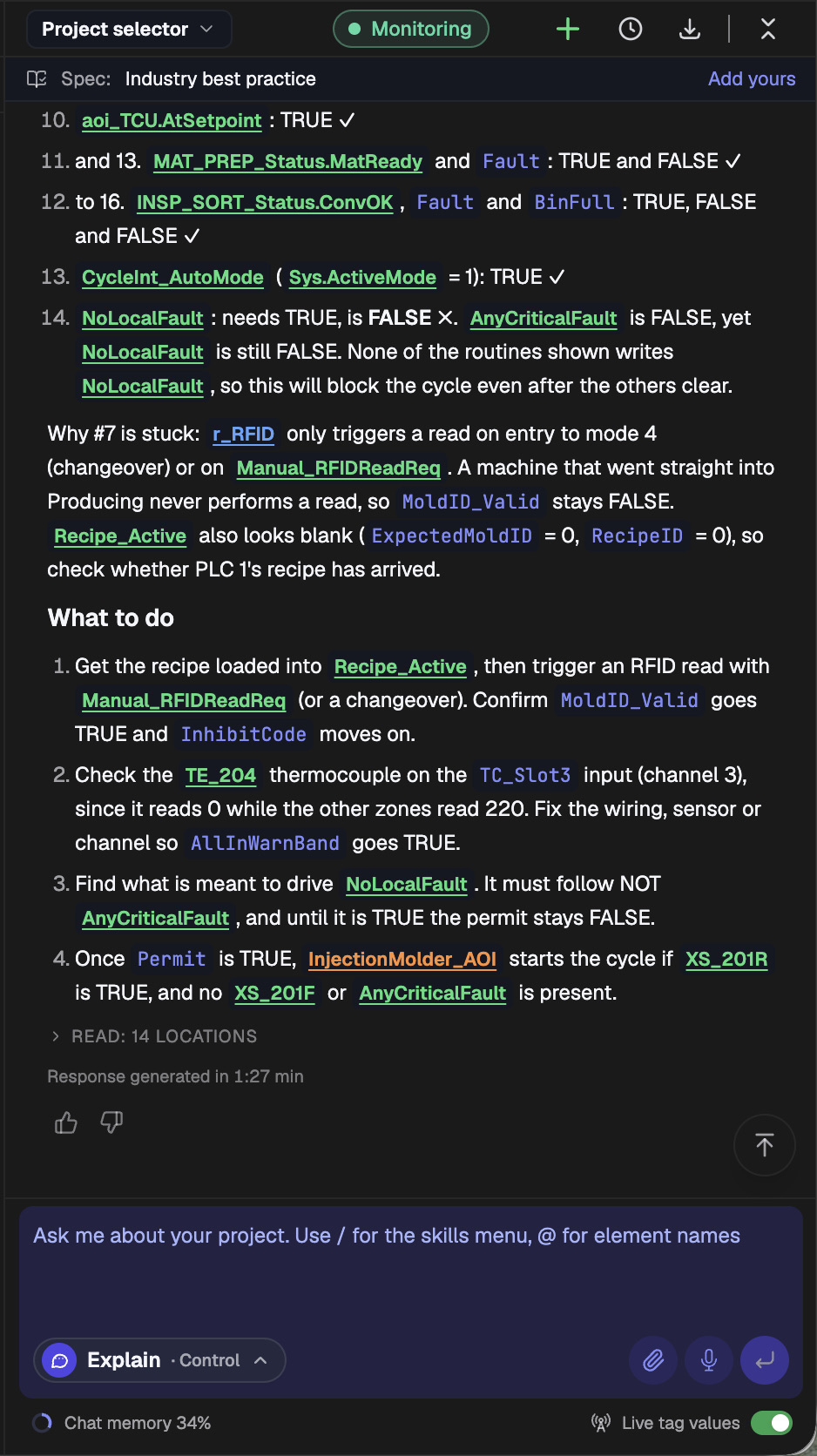 PLCs.ai answer explaining why the mold ID check is stuck and listing four ordered steps: load the recipe and trigger an RFID read, fix the TE_204 thermocouple, find what should drive NoLocalFault, then start the cycle