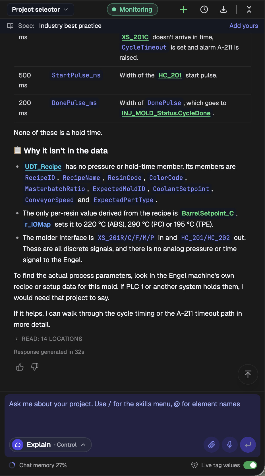 PLCs.ai explaining why the values are missing: the recipe UDT has no pressure or hold-time member, the molder interface is discrete signals only, and the parameters live in the Engel machine’s own recipe