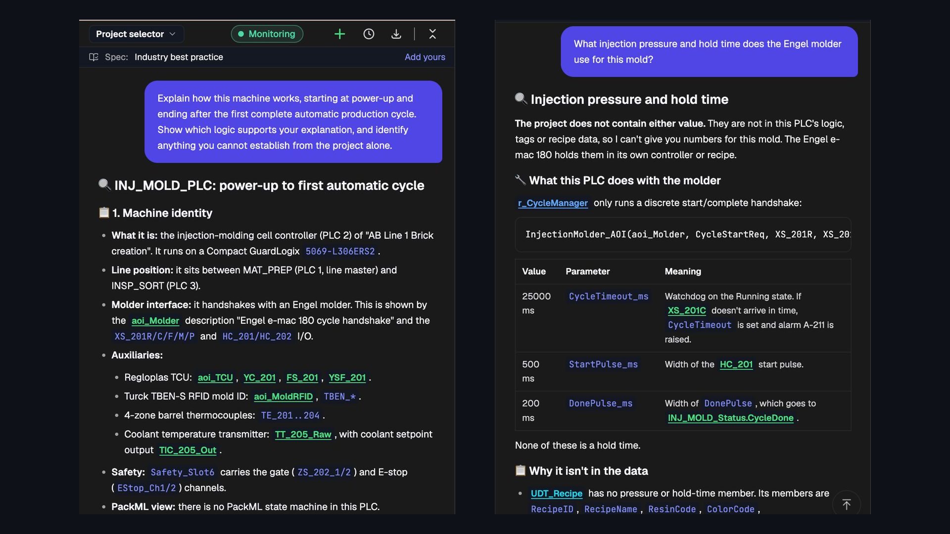 Two PLCs.ai answers side by side: the power-up question with the start of the machine explanation, and a question about injection pressure answered with “The project does not contain either value”