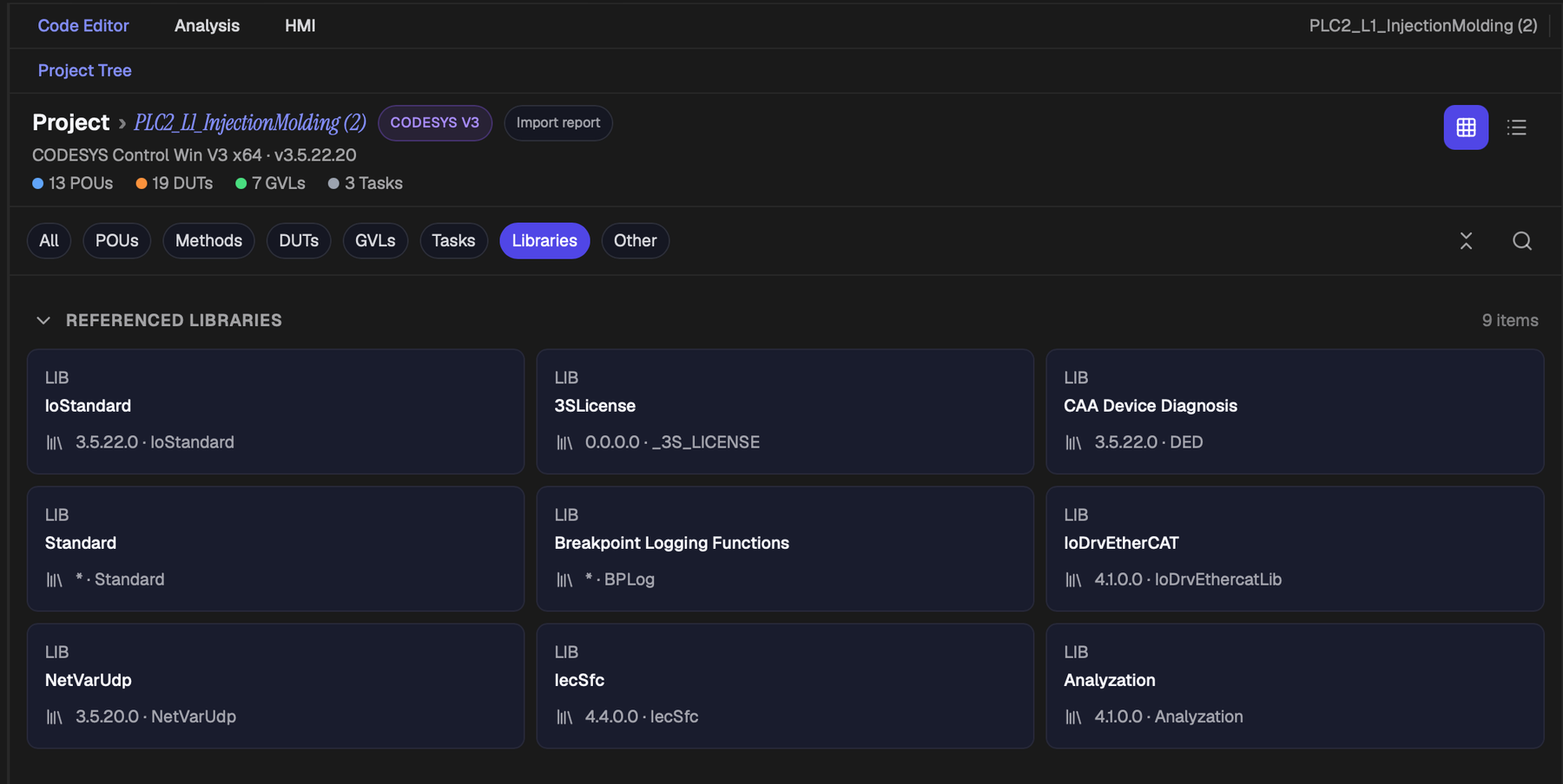 PLCs.ai showing the referenced libraries of a CODESYS project, including safety and IEC libraries