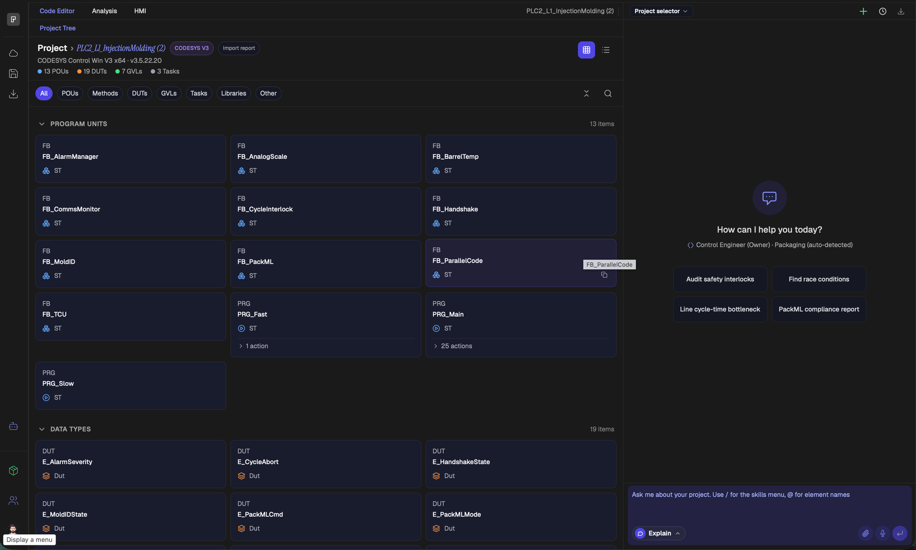 PLCs.ai code editor showing FB_PackML and PackML-named data types, with the AI assistant offering a PackML compliance report