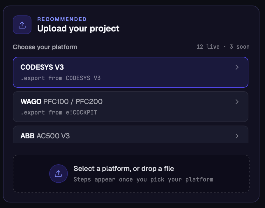 CODESYS V3 in the PLCs.ai upload platform picker, showing 12 live vendors and 3 more coming soon